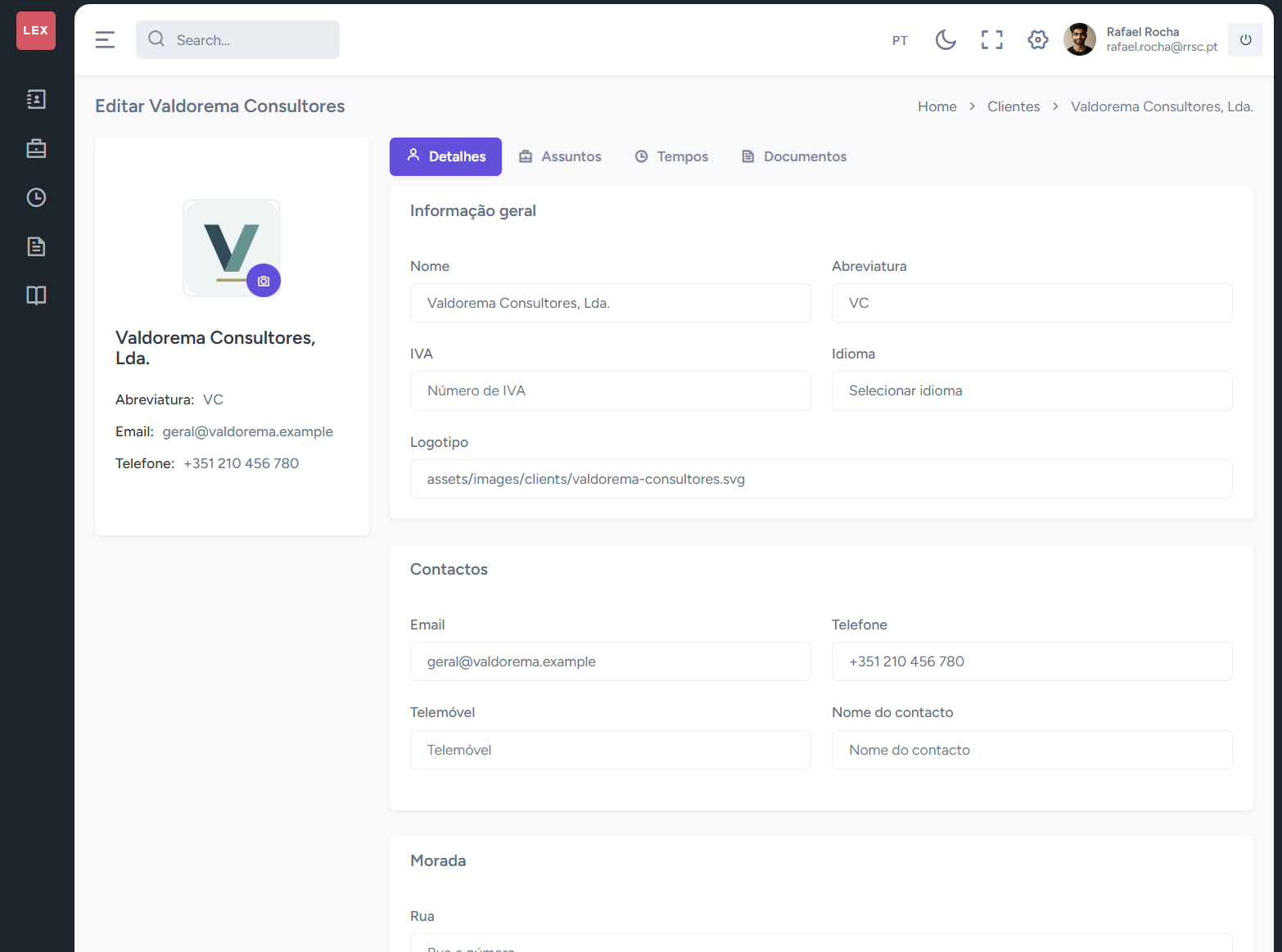 Ficha de cliente Lex365 com informação geral, contactos e morada